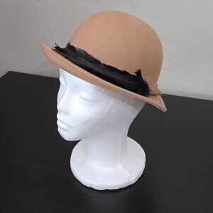 Vintage Splendide Georgi Brown Wool Hat Tan Bowler Hat With Feathers